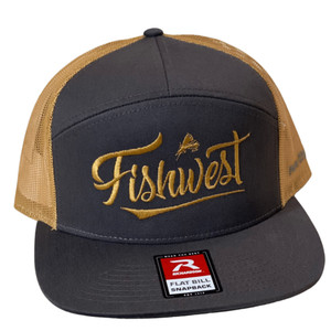 Fishwest Park City Script Logo 7 Panel Hat in Charcoal and Old Gold